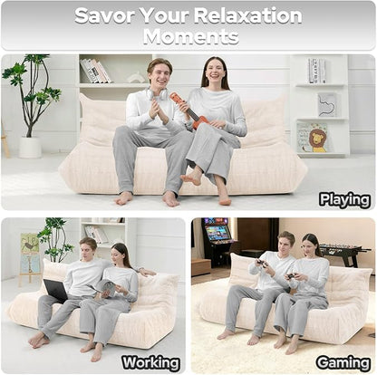 HABUTWAY Bean Bag Chairs Fireside Lazy Floor Sofa, Soft Teddy Fleece 3 Seater Sofa with High-Resilience Foam Filling，Beanbag for Living Room, Bedroom, Office (Beige Teddy)