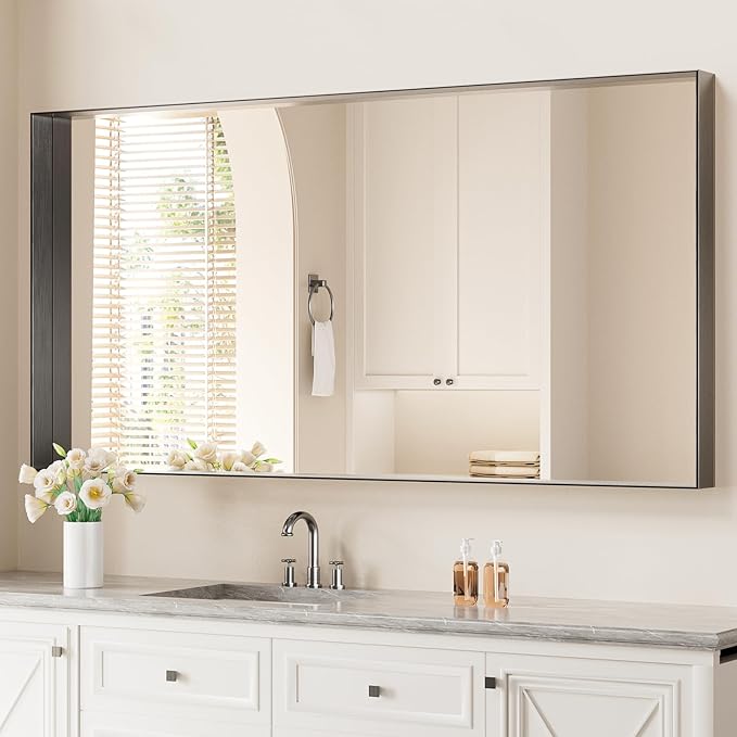 Koonmi 30x60 Inch Black Metal Framed Bathroom Mirror