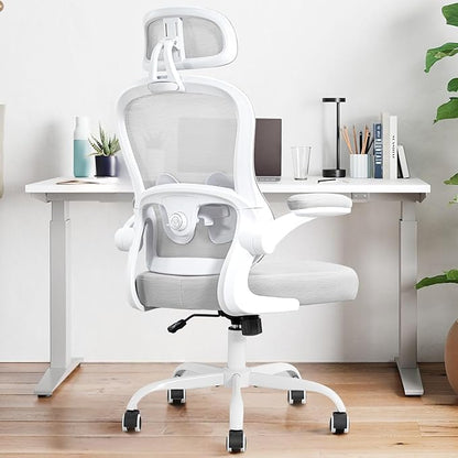 TUKAKA Ergonomic Office Chair,Ultra Thick Office Desk Chair with Adjustable Lumbar Support and Headrest,Spring Cushion,Rocking Function,Flip-up arms,Mesh Computer Chair for Home Office,Grey