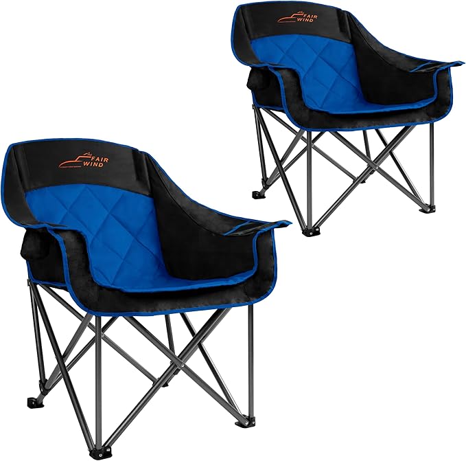 FAIR WIND 2 Pack Oversized Padded Camping Chair Heavy Duty Quad Fold Arm Chair Portable for Outdoor - Support 450LBS, Blue