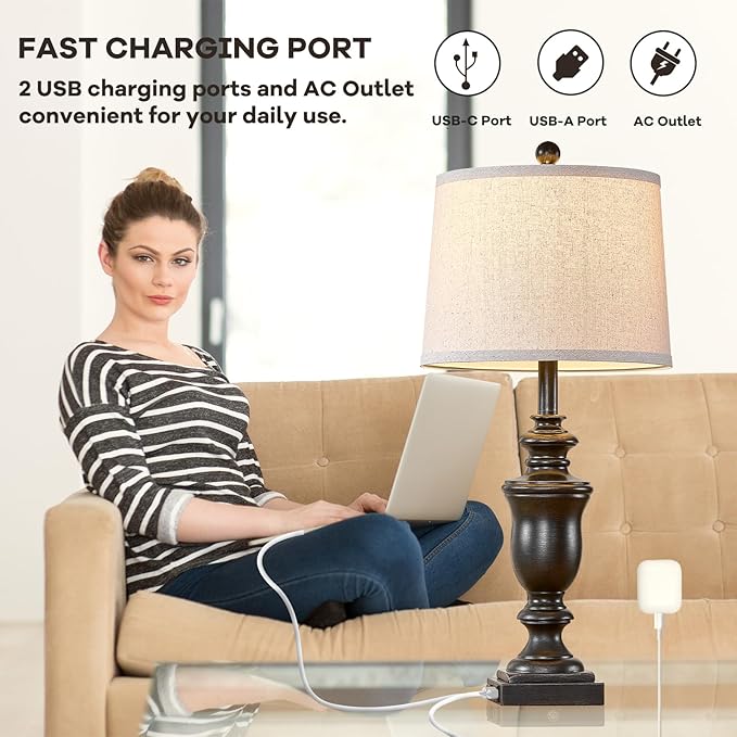 27.5" Vintage Farmhouse Table Lamps Set of 2 Bedside Lamp, 3 Way Dimmable Bedroom Lamps with 2 USB Ports +AC Outlet Nightstand Lamp Rustic Lamp (Rotary-Antique Black)