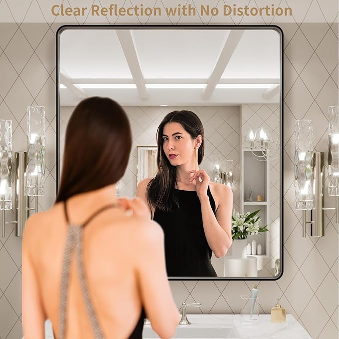 LOAAO 32x36 Inch Black Metal Framed Bathroom Mirror