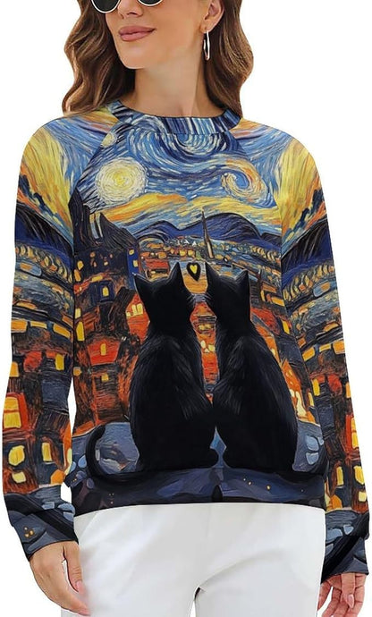 Long Sleeve Shirts for Women Cat Oil Painting Shirt 3D Graphic Sweatshirts Fall Pullover Crewneck Vintage Boho Tops