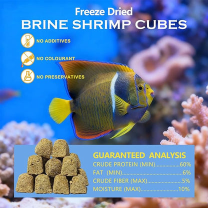 Freeze Dried Brine Shrimp Cubes– 100% Natural High‑Protein Fish Food for Tropical, Marine & Freshwater Aquarium, Turtles, Pond Fish, Koi, Discus, Angelfish, Tetras - Floating Shrimp Cubes, 4.5 oz