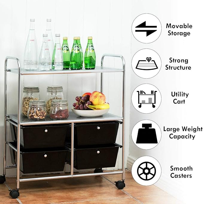 Giantex Rolling Storage Cart w/ 4 Drawers 2 Shelves Metal Rack Shelf Home Office School Beauty Salon Utility Organizer Cart with Wheels (Black)