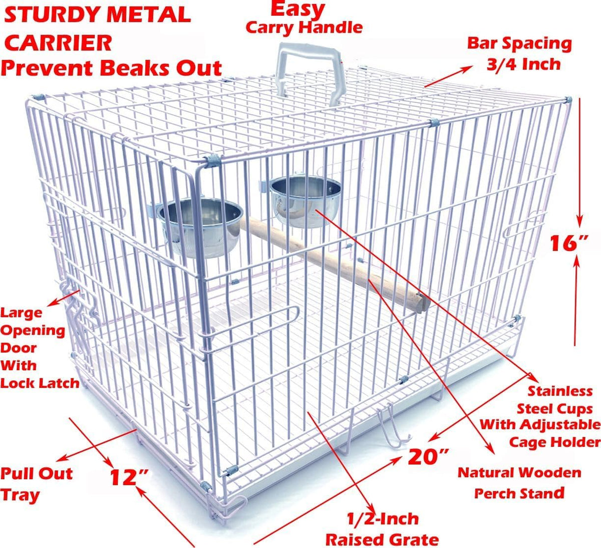 Durable Easy Portable Metal Travel or Veterinary Collapsable Parrot Bird Carrier Beaks Proof Cage with Stainless Steel Feeder Bowls Natural Wooden Perch Stand