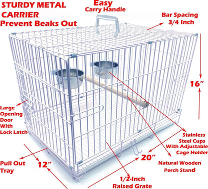 Durable Easy Portable Metal Travel or Veterinary Collapsable Parrot Bird Carrier Beaks Proof Cage with Stainless Steel Feeder Bowls Natural Wooden Perch Stand