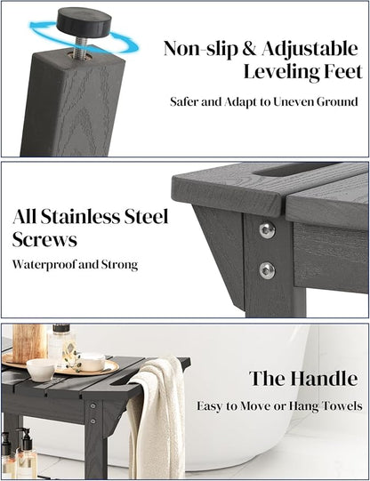 Waterproof Shower Bench, Poly Lumber Shower Stool for Shaving Legs, Shower Chair Seat with Storage Shelf and Handles, Bathroom Bench for Inside Shower, Non-Slip (Grey)