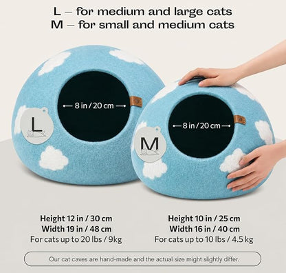Cat Cave – Premium Felt Cat Bed Enclosure for Indoor Cats, Handmade Merino Wool (Cloud Nap Blue, Medium)
