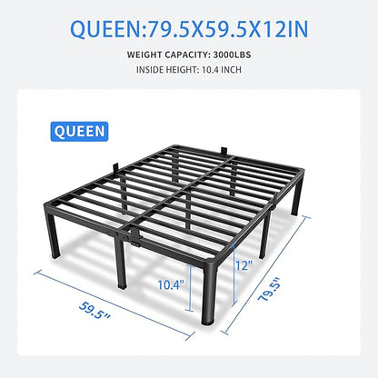MAF 12 Inch Queen Metal Platform Bed Frame with Round Corner Legs, Mattress Slide Stopper, 3000 LBS Heavy Duty Steel Slats Support, No Box Spring Needed, Noise Free