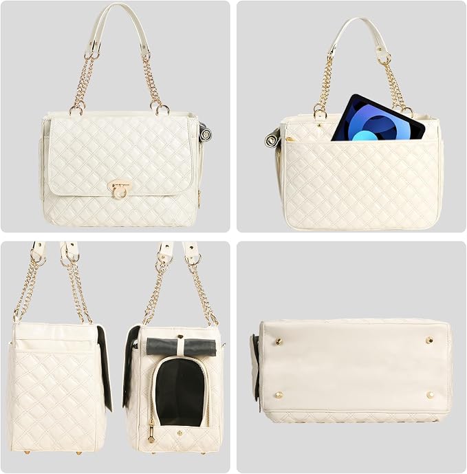 Fashion Dog Purse for Small Dogs with 2 Super-Large Pockets, Holds Up to 10lbs PU Leather Pet Carrier, Cat Carrier, Airline Approved Puppy Purse for Travel (White, Small Size)