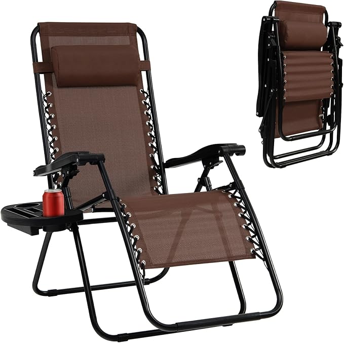 Tangkula Zero Gravity Chair, Folding Patio Lounge Chair Adjustable Outdoor Recliner with Cup Holder, Wide Armrest for Patio Garden Poolside Outdoor Yard Beach, Support 350 lbs (1, Brown)