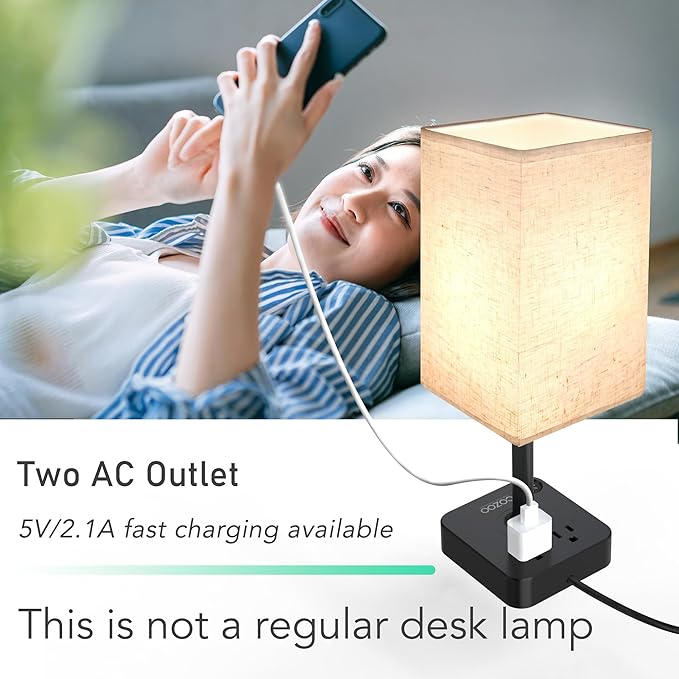 COZOO USB Bedside Dimmable Table Desk Lamp with 2 USB Charging Ports 2 Outlets Power Strip,Black Charger Base Flaxen Fabric Shade, LED Light for Bedroom/Nightstand/Living Room/Dorm/Home Office/College
