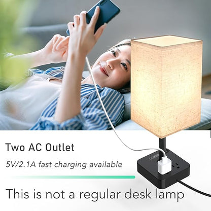 COZOO USB Bedside Dimmable Table Desk Lamp with 2 USB Charging Ports 2 Outlets Power Strip,Black Charger Base Flaxen Fabric Shade, LED Light for Bedroom/Nightstand/Living Room/Dorm/Home Office/College