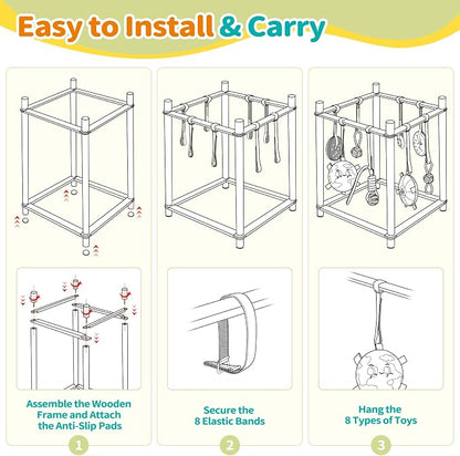 Wooden Puppy Play Gym for Small Dog with 8 Hanging Toys, Blue Frame | Wood Puppy Jungle Gym Indoor & Dog Enrichment Toys for Puppies 0-6 Months