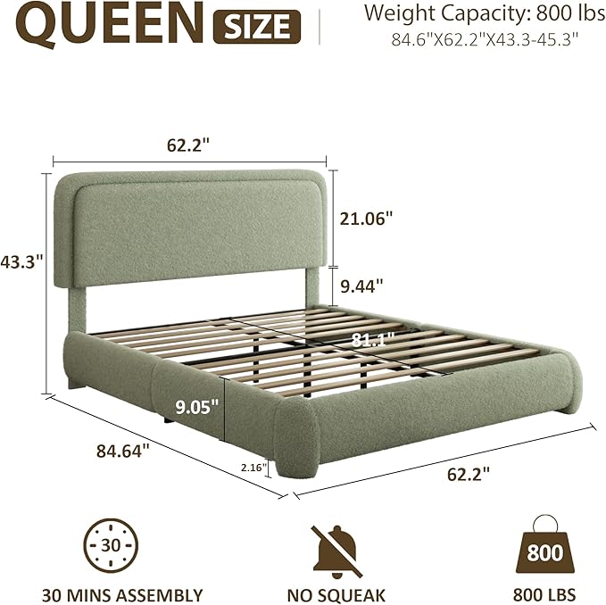 Queen Bed Frame, Teddy Velvet Boucle Bed Frame with 43.3"/45.3" Adjustable Upholstered Headboard, Rounded Corners, Mattress Foundation, No Box Spring Required, Green