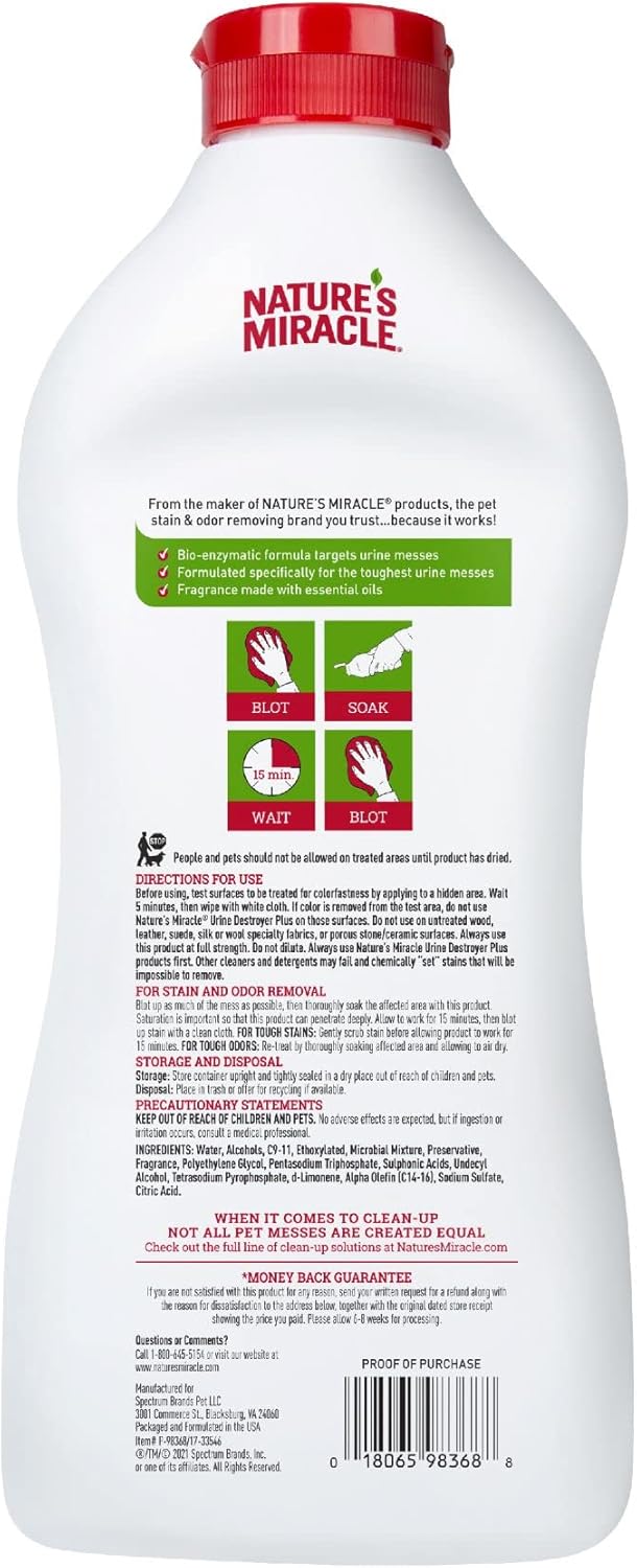 Nature's Miracle Urine Destroyer Plus for Dogs, Enzymatic Formula for Severe Dog Urine Stains, 32 fl oz