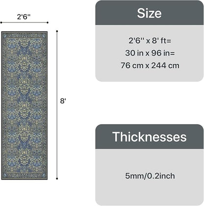 GENIMO Floral Washable Runner Rug 2’6”x8’, Non-Slip Long Hallway Carpet for Entryway, Kitchen, Indoor Floor Use, Vintage Boho Soft Thin Rug Décor, Dark Blue