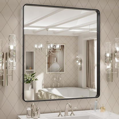 LOAAO 32x36 Inch Black Metal Framed Bathroom Mirror