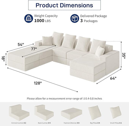 Living&Giving 128" U-Shaped Cloud Sectional Couch for Living Room, Cloud Boneless Couch-No Assembly with Reversible Chaise, Customizable 4-Seat Modular Sectional Sofa with 3 Ottoman, Beige