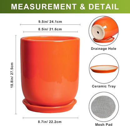 Indoor Planter 10 Inch - Ceramic Plant Pot with Drainage Hole and Saucer, Modern Decorative Round Planter for Indoor Outdoor Plants, Housewarming Gifts, Home Garden Office Decor, Orange