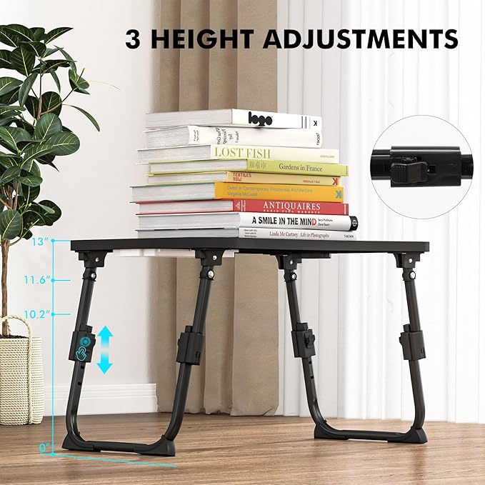 Lap Desk for Bed Adjustable Height, Foldable Bed Table with Storage Drawer, Tablet Slot & Cup Holder, Portable Laptop Stand for Bed & Sofa, Bed Desk for Adults & Kids, Black