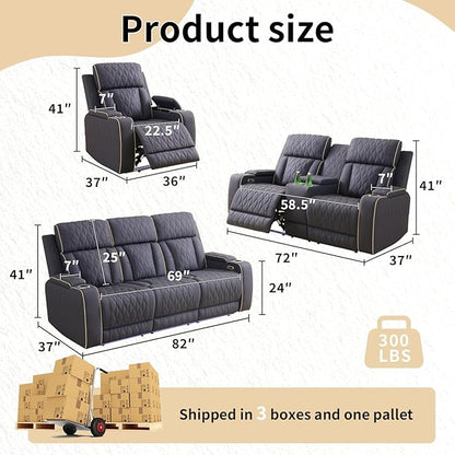 Caberryne Power Recliner Sofa with LED Lights,Suede Leather Reclining Couch with Double Recliner/USB Port/Coffee Table/Cup Holder for House/Home Theater(3 Seater Sofa,Navy)