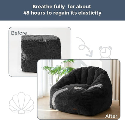 MAXYOYO Giant Bean Bag Chair, Oversized Bean Bag Couch for Adults and Kids, Faux Fur Shell-Shaped Large Chair with Filler, Stuffed Big Accent Sofa Lounge Floor Sofa for Gaming, Reading, Black