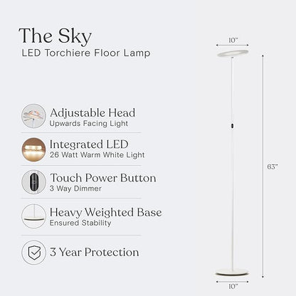 Brightech Sky LED Torchiere Super Bright Floor Lamp - Contemporary, High Lumen Light for Living Rooms and Offices - Dimmable, Indoor Pole Uplight for Bedroom Reading - White