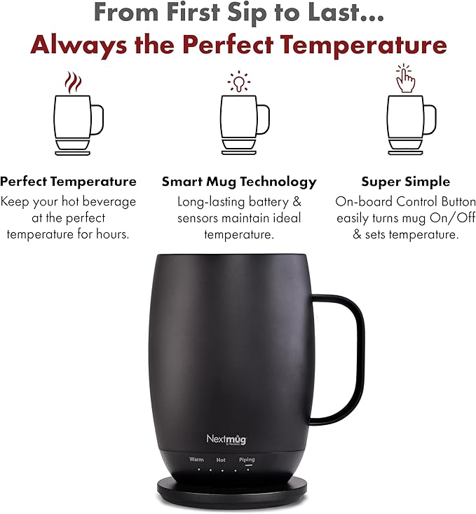 Nextmug Plus Temperature-Controlled, Self-Heating Mug – No App, Long-Lasting