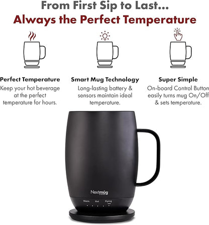 Nextmug Plus Temperature-Controlled, Self-Heating Mug – No App, Long-Lasting