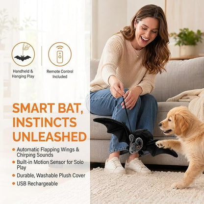 Interactive Flying Bat Dog Toy, Flapping Wings Cute Bat for Indoor Cats & Dogs, Automatic Flapping Wings with Chirping Sounds, Touch Activated, Rechargeable for Solo Play，Manual+Remote