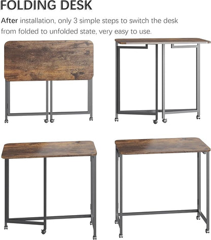 4NM 31.5" Mobile Small Rolling Computer Desk, Folding Laptop Cart Table with Wheels, Portable Office Desk for Small Space Couch Bed - Rustic Brown and Black
