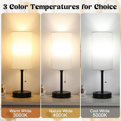 17.4Inches White Bedside Lamp for Bedroom Nightstand - Tall Lamp with USB A + C Charging Port & AC Outlet, 3 Color Temperatures Pull Chain, Side Desk Reading Light for Living Room