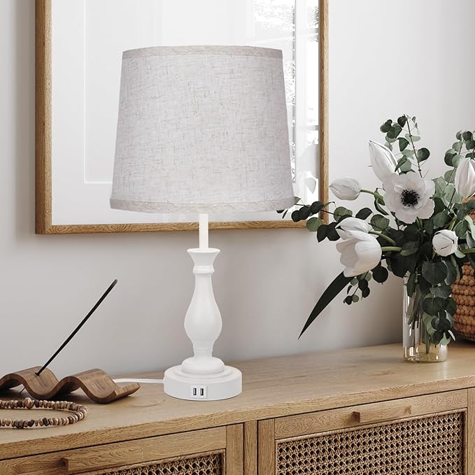 Farmhouse Table Lamp Touch Control 3-Way Dimmable Table Lamp, Modern Nightstand Lamp with 2 USB Port Bedside Desk Lamp with Fabric Shade for Living Room Bedroom Hotel (Pack 1-Off White)