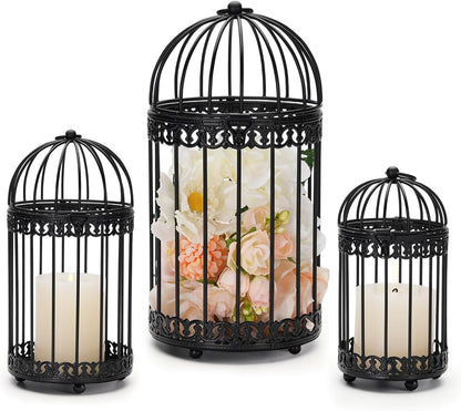 NUPTIO Decorative Bird Cages for Centerpiece: Black Vintage Bird Cage Hanging Lantern Set of 3 - Metal Birdcage Pillar Candle Holders for Halloween Party Table Fireplace Decor