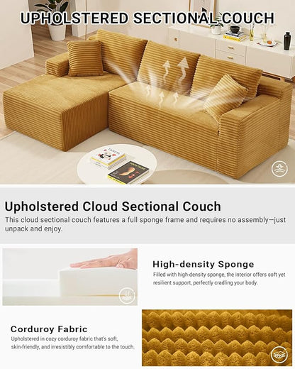 105 Inch Modular Sectional Sofa,Modern Cloud Sectional Couch with Deep Seat,Corduroy Boneless Couches with L-Shape Chaise for Living Room Bedroom,No Assembly Required (Yellow, Left Facing Chaise)