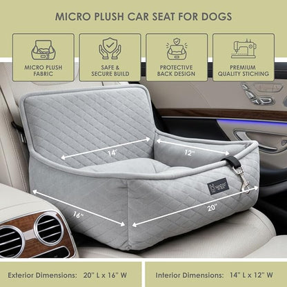 NANDOG Luxury Dog Car Seat Bed for Small Dogs, Soft Micro Plush Pet Seat with Removable & Washable Cushion Insert, Thick Safety Seatbelt Straps, Secure Travel Carrier, Light Grey, 20" L x 16" W