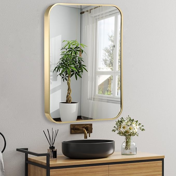 24x36 Inch Gold Bathroom Mirror, Brushed Gold Metal Framed Rectangular Mirror