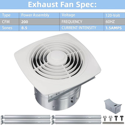 8 Inch Bathroom Exhaust Fan Ceiling Mount 200 CFM 8.5 Sones Kitchen Exhausts