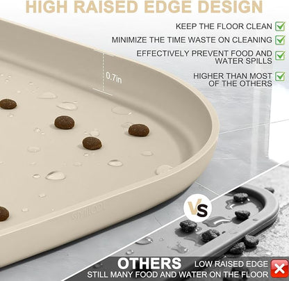 SMILOOL Waterproof Silicone Pet Food Mat with Raised Edge for Dog & Cat | 12" x 12" Non-Slip Small Pet Feeding Mats with Lip for Food & Water Bowl, Food Grade, Easy Cleaning, Beige
