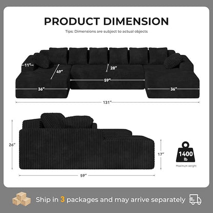 131'' Large Sectional Couches with Chaise, U Shaped Cloud Sofa, No Assembly Required Deep Seat Modular Lounge Bed for Living Room 1PCS, Bedroom