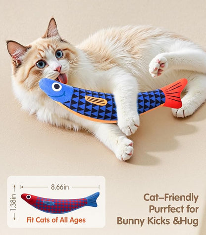 Interactive Cat Toys with [5000mg A+ Natural Catnip &Silvervine] [Baby Grade] Soft Chew Kicker Cat Toys for Indoor Cats & Kittens, Crinkle &Bell Fish Sound Toy, Drives Bored Cats Crazy with Fun,2 Pack