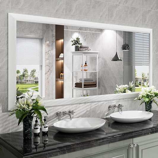 Amorho Bathroom Mirror, 72 X32 Inch White Thick Metal Framed Wall Mirrors