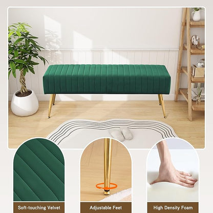 Furnimart 44 Inch Green Velvet Bench Ottoman Comfortable Footrest Stool Table Bench Dining Bench Tufting Bench Indoor Bench with Gold Legs for Living Room Bedroom Entryway (Velvet-Green)