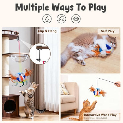 Interactive Cat Toys for Indoor Cats, Hanging Catnip Electric Kitten Toys - Automatic Flying Bird Cat Wand Toy for Bored Indoor with Timer Touch Start
