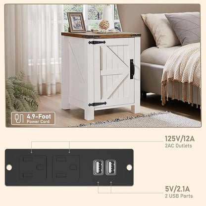 OKD Farmhouse Nightstand Set of 2 with Charging Station, 18 Inch Rustic End Table with Barn Door Cabinet, Adjustable Storage Shelf, Wood Sofa Side Table for Living Room, Bedroom, Antique White