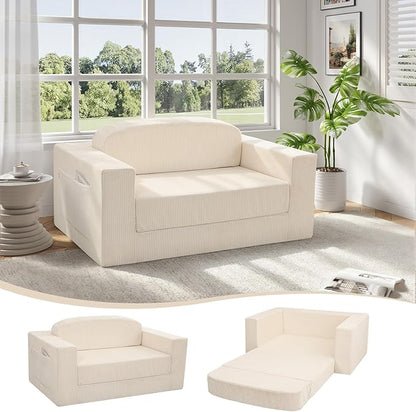MeMoreCool Convertible Sofa Bed – Small Beige Fold Out Couch for Adults, Corduroy Floor Sleeper Loveseat Compact Trifold Sofa | Boneless Cloud Couch | No Assembly | Guest Bed for Bedroom & Apartment