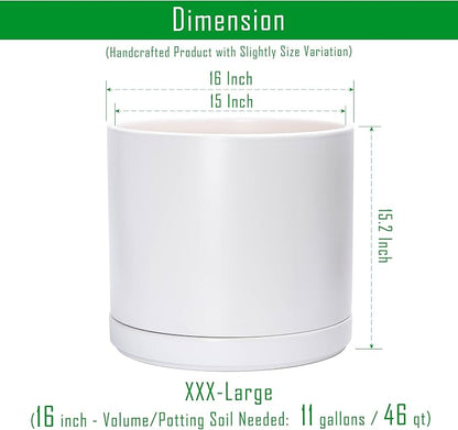 D'vine Dev 16 Inch Ceramic Planter Pot, White, 94-O-H-1 | Modern Cylinder Design, Drainage Hole & Saucer Included, Stable Structure, Elegant Home Accent
