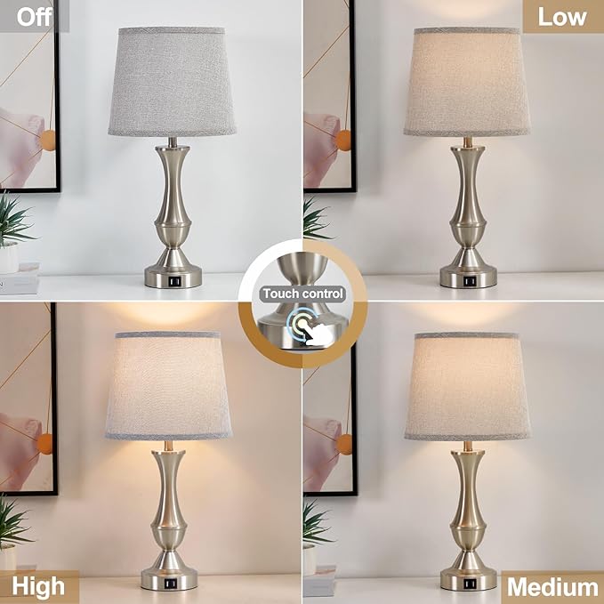 Touch Table Lamps Set of 2, 22" Tall Bedside Lamps, Nightstand Lamps with USB C+A Charging Ports, Dimmable Lamp for Bedrooms, Living Room, Office, Silver Lamp with Grey Lampshade, Bulbs Included